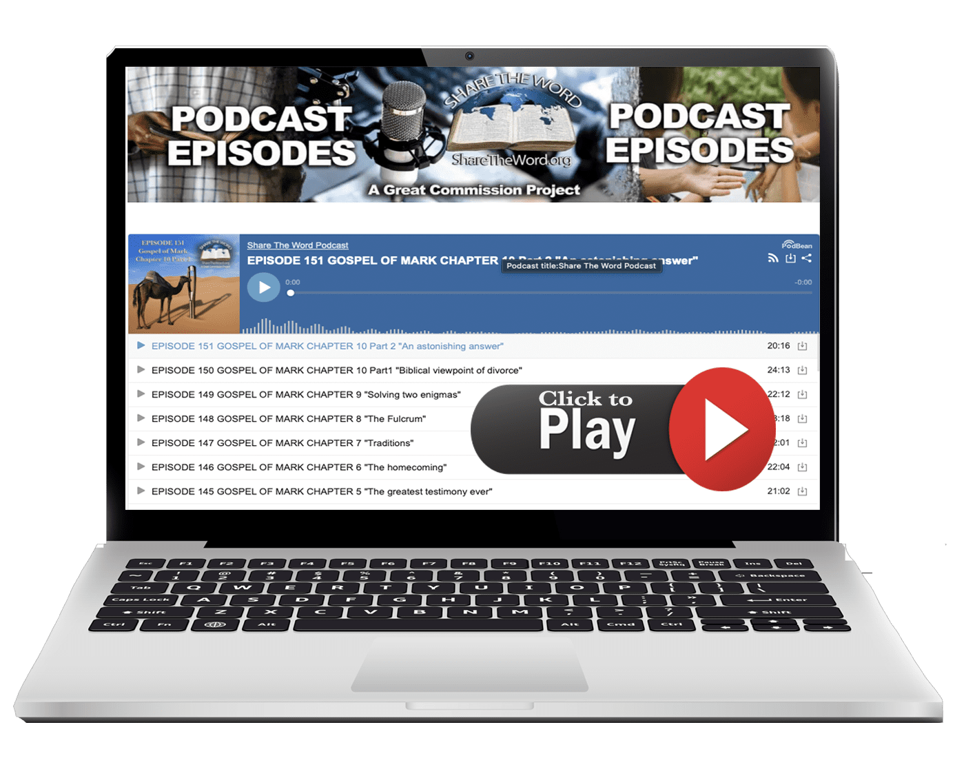 Laptop displaying Share the Word podcast episodes